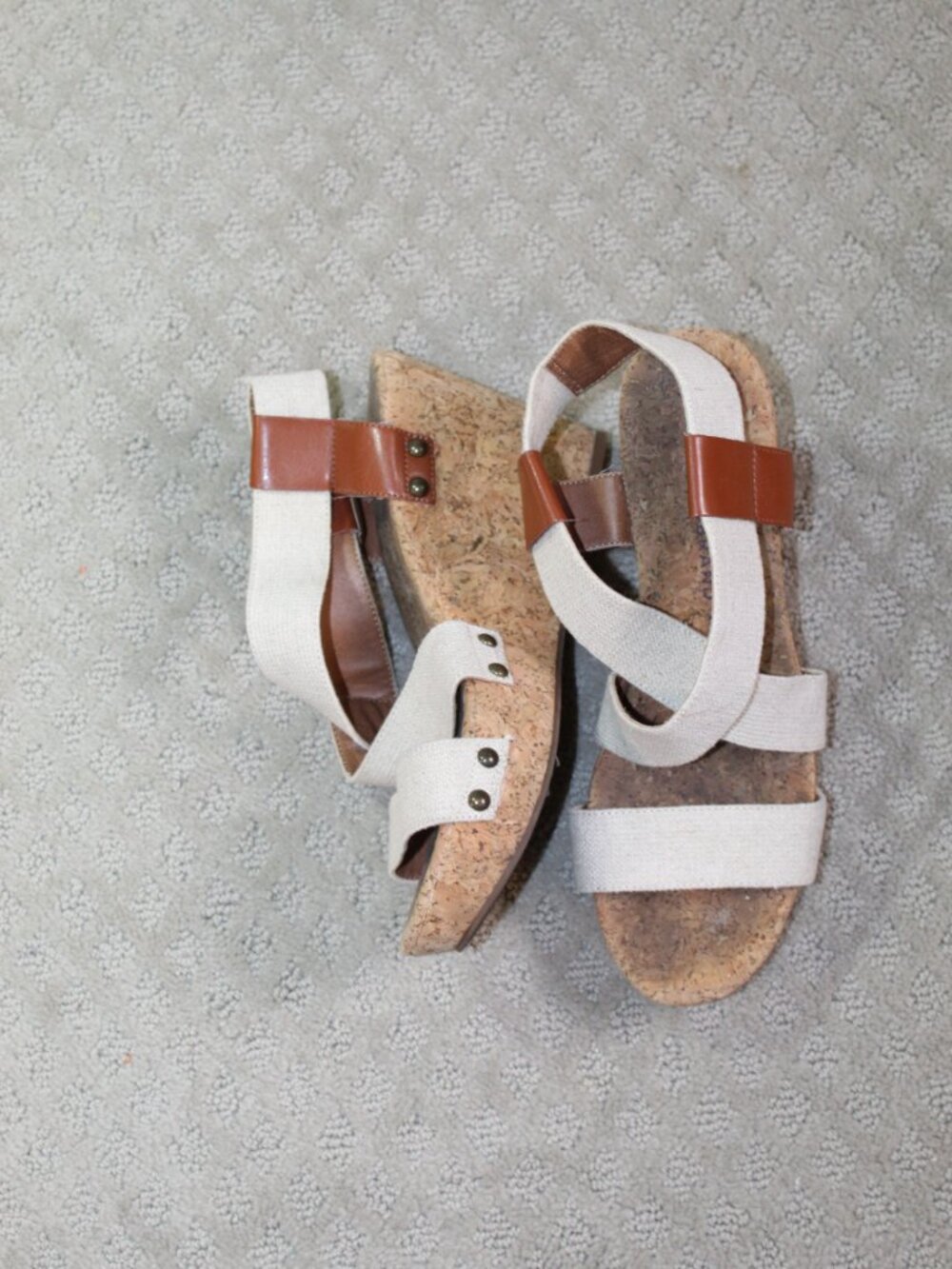 Lucky Brand Size 8 Cream Canvas Faux Leather Accents Cork Wedge Heel Sandals